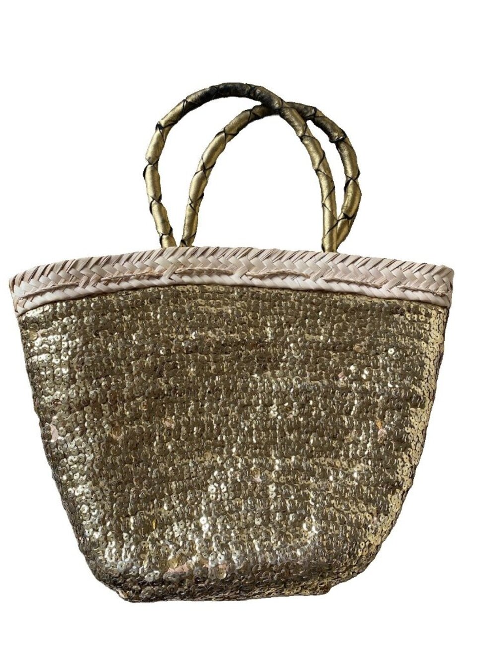 En Shalla Tote Bag Gold Sequined Hand Bag Handwoven Straw Raffia EnShalla